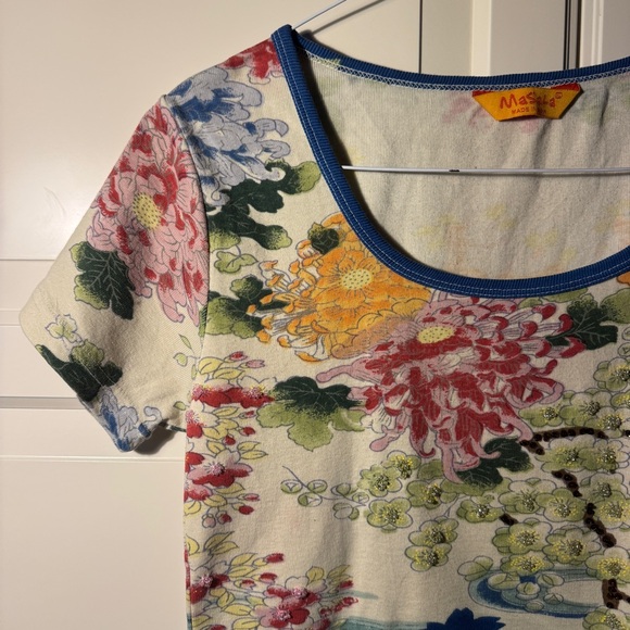 Vintage beaded Multicolor Japanese inspired Floral Crop T-shirt - fits like L - Picture 2 of 14